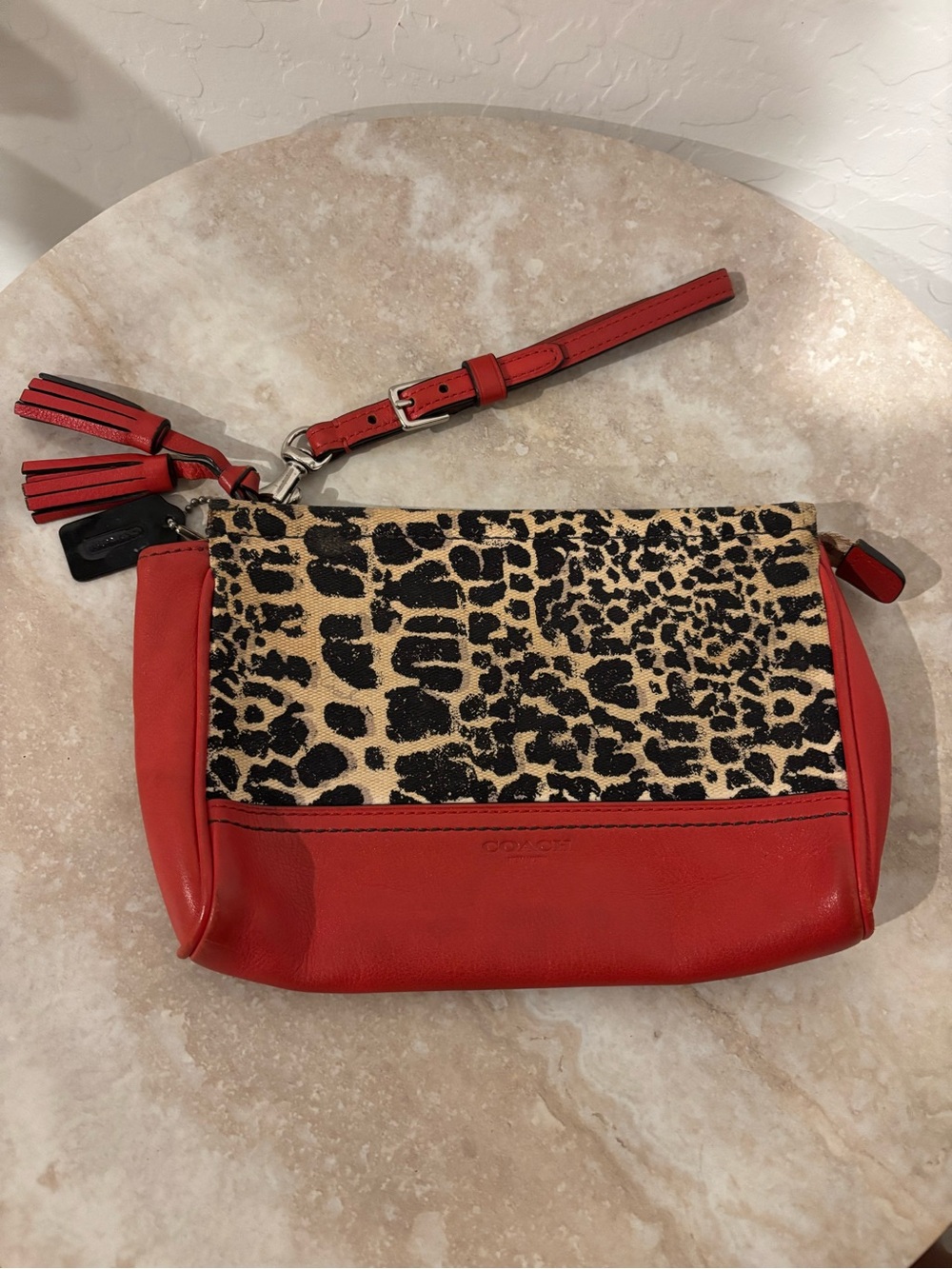 Coach Red Leather & Ocelot Leopard-Print Canvas Wristlet